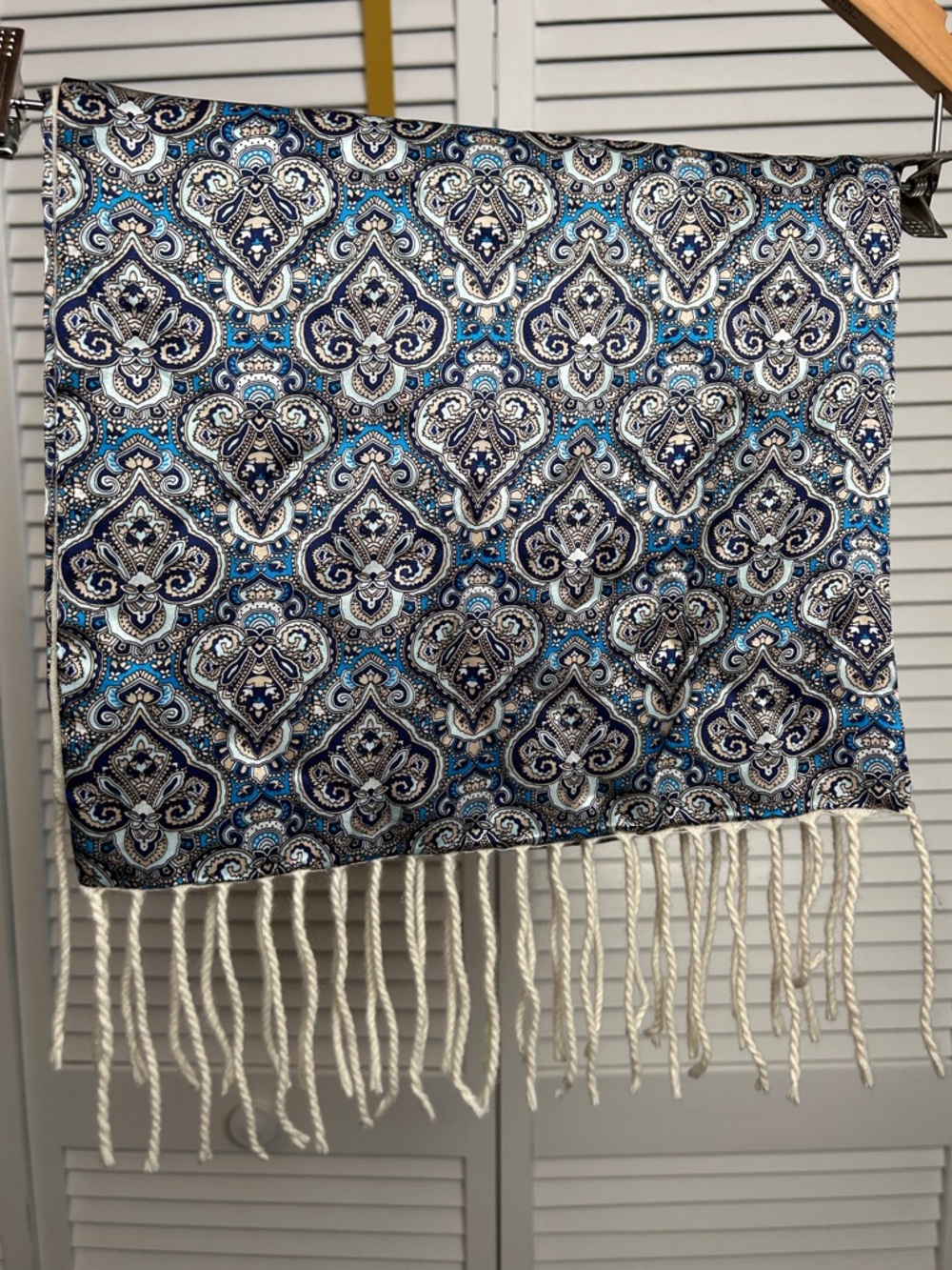 Men’s vintage silk cashmere rectangular scarf  Blue & Gray Paisley Fringe Scarf